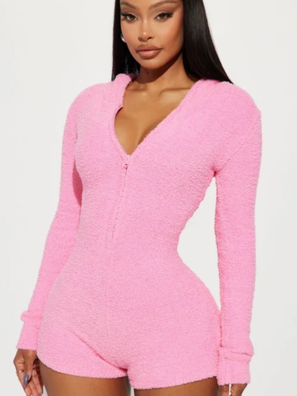 Fashion Nova NWT Cozy Era Fuzzy Hooded Romper Pink Plus Size XL